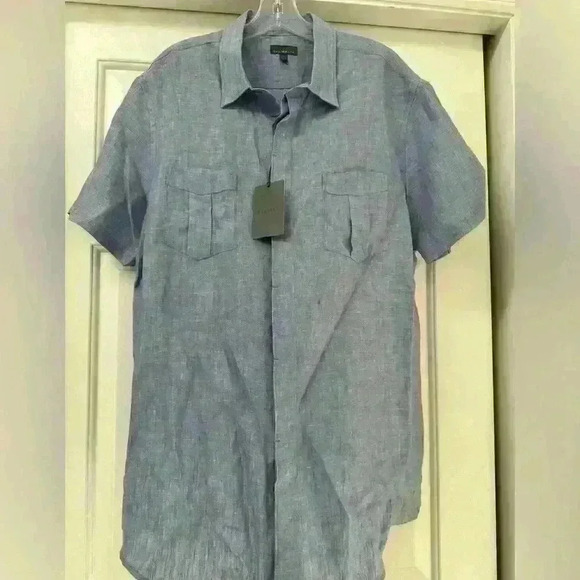 CALIBRATE New Linen Dress Shirt Mens Short Sleeve‎ Relaxed Fit Button Down Blue - Picture 2 of 5